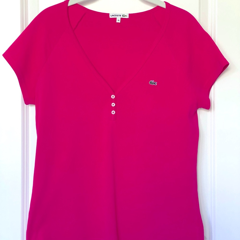 Lacoste Fuschia v-neck top. Size 44 (Large). Purchased in Paris France